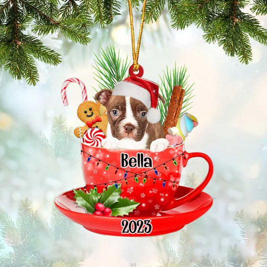 Custom Dog Acrylic Christmas Ornament, Personalized Red Boston Terrier & Santa Hat In Red Cup Acrylic Ornament for Dog Lover,Christmas