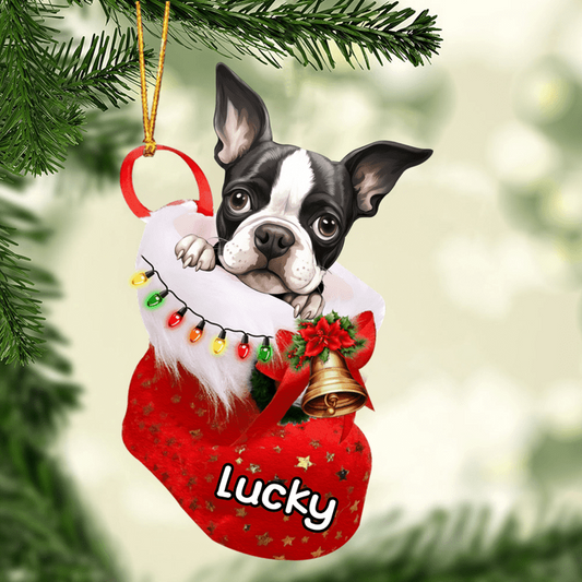 Custom Dog Acrylic Christmas Ornament, Personalized Boston Terrier In Stocking Christmas Acrylic Ornament for Dog Lover, New Year