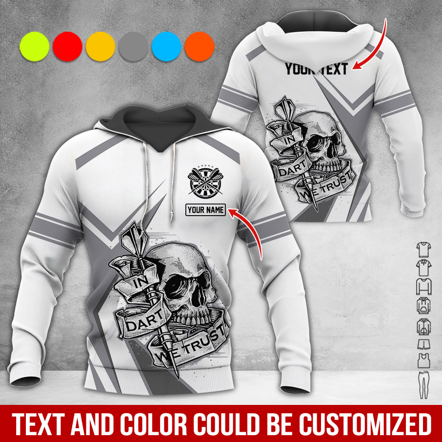 Customized Name & Text Darts Skull Premium Hoodie, In Darts We Trust White Hoodie For Men & Woman, Perfect Gift For Darts Lovers, Darts Player