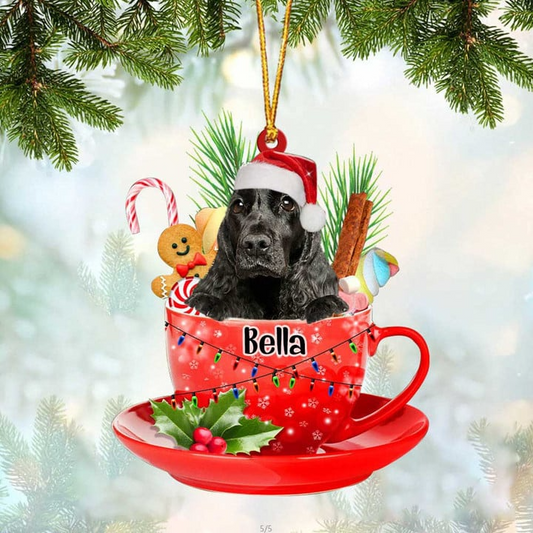 Custom Dog Acrylic Christmas Ornament, Personalized Black English Cocker Spaniel & Santa Hat In Red Cup Acrylic Ornament for Dog Lover