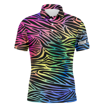 Custom Golf Long Sleeve Men Polo Shirt - Custom Name Colorful Neon Rainbow Zebra Skin Pattern Apparel - Personalized Gift For Men, Golf Lover