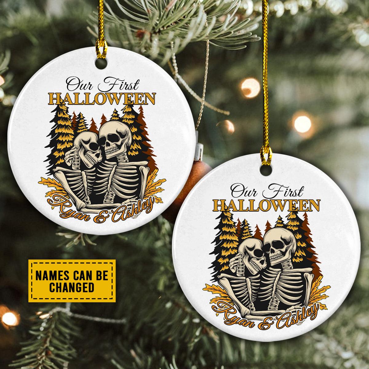 Personalized Ceramic Christmas Ornament - Custom Our First Halloween Skeleton Couple Ceramic Ornament, Perfect Gift For Couple, Halloween