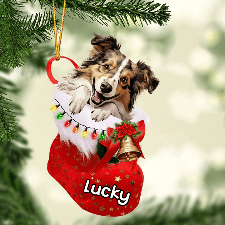 Custom Dog Acrylic Christmas Ornament, Personalized Shetland Sheepdog In Stocking Christmas Acrylic Ornament for Dog Lover, New Year