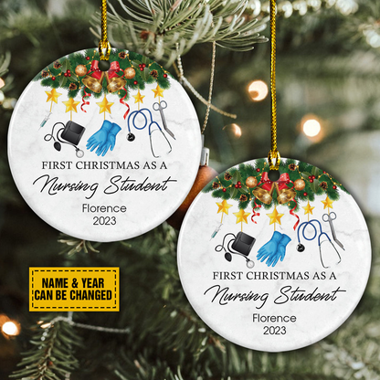 Personalize Ceramic Christmas Ornament - Custom First Christmas As A Nursing Student Circle Ceramic Ornament, Perfect Gift For Christmas