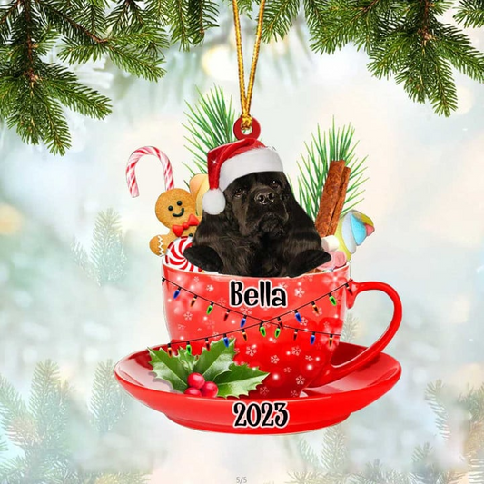 Custom Dog Acrylic Christmas Ornament, Personalized Black American Cocker Spaniel & Santa Hat In Red Cup Acrylic Ornament for Dog Lover