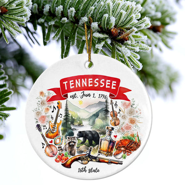 Tennessee State Ceramic Christmas Ornament - Tennessee State Themes And Landmarks Circle Ceramic Ornament, Perfect Gift For Christmas
