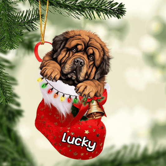 Custom Dog Acrylic Christmas Ornament, Personalized Tibetan Mastiff In Stocking Christmas Acrylic Ornament for Dog Lover, New Year