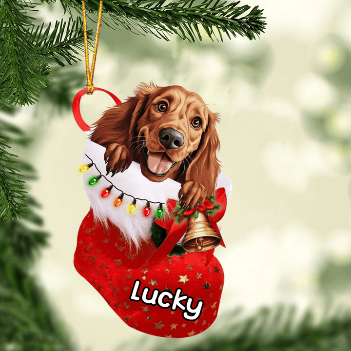 Custom Dog Acrylic Christmas Ornament, Personalized Irish Setter In Stocking Christmas Acrylic Ornament for Dog Lover, New Year