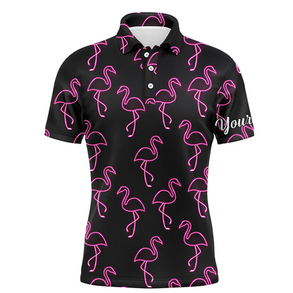 Custom Golf Long Sleeve Men Polo Shirt - Custom Name Neon Pink Flamingos Pattern Apparel Polo Shirt - Personalized Gift For Golf Lover, Team, Husband
