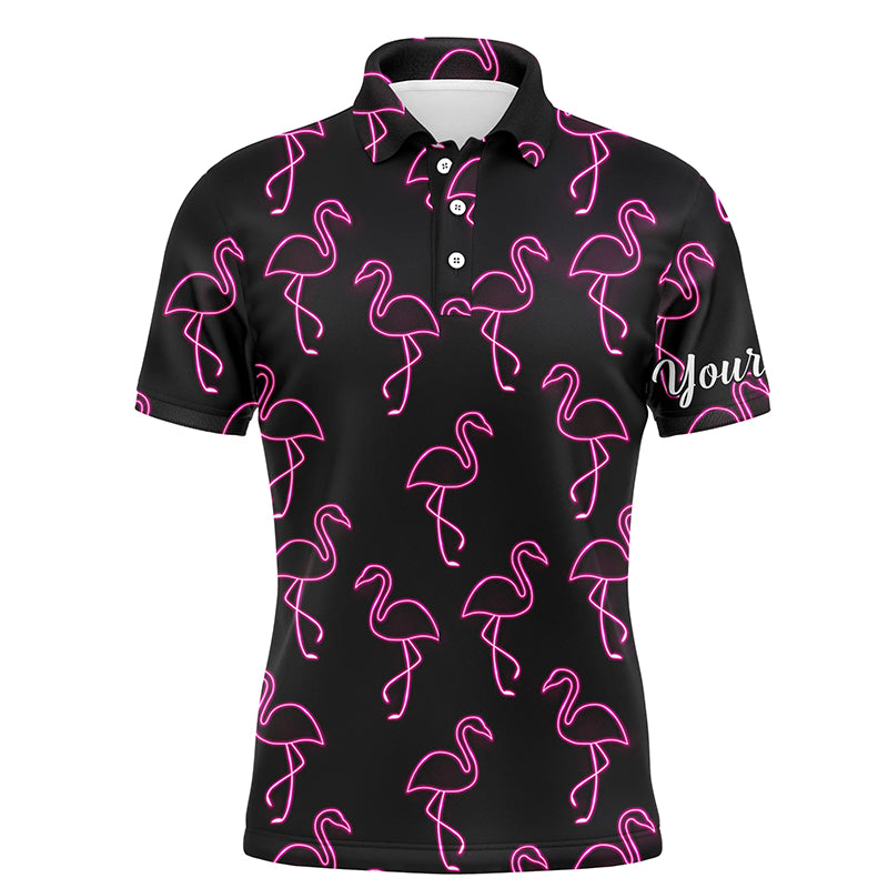 Golf Men Polo Shirt - Custom Name Neon Pink Flamingos Pattern Apparel Polo Shirt - Personalized Gift For Golf Lover, Team, Husband, Boyfriend, Men