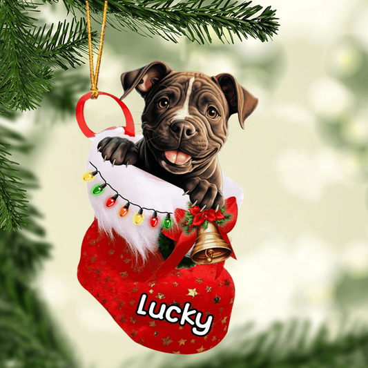 Custom Dog Acrylic Christmas Ornament, Personalized Staffordshire Bull Terrier In Stocking Christmas Acrylic Ornament for Dog Lover, New Year