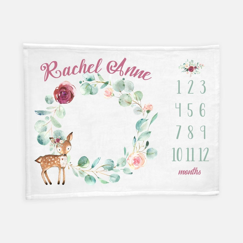 Elegant Woodland Nursery Baby Milestone Blanket With Customized Name For Baby Girl Nursery, Daughter, Granddaughter