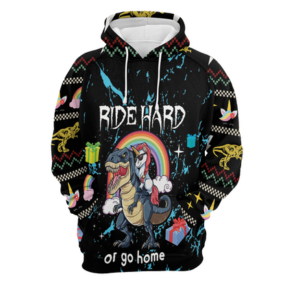 Dinosaur Unicorn Premium Christmas Hoodie, Dinosaur Unicorn Ride Hard Or Go Home Unisex Hoodie For Men & Women - Perfect Gift For Christmas, Dinosaur Unicorn Lover