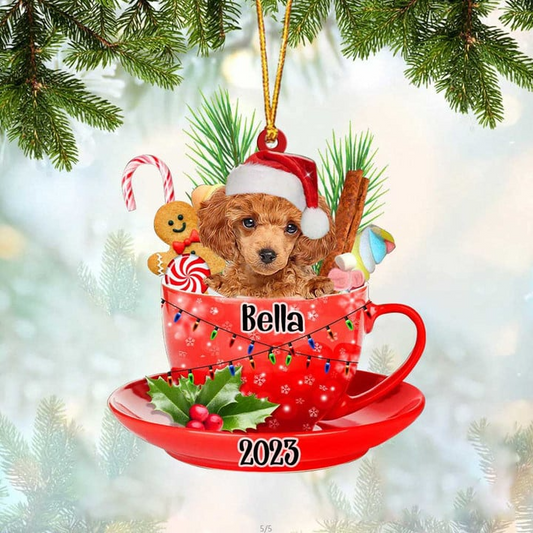 Custom Dog Acrylic Christmas Ornament, Personalized Red Toy Poodle & Santa Hat In Red Cup Acrylic Ornament for Dog Lover,Christmas, New Year