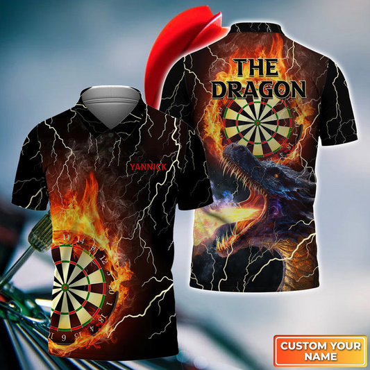 Custom Darts Men Polo Shirt, Personnalized Lightning & Fire Dragon Men Polo Shirt - Gift For Darts Players, Darts Lovers, Friend, Family