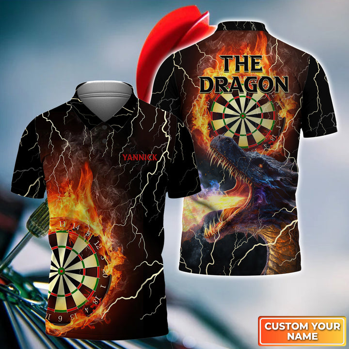 Custom Darts Men Polo Shirt, Personnalized Lightning & Fire Dragon Men Polo Shirt - Gift For Darts Players, Darts Lovers, Friend, Family