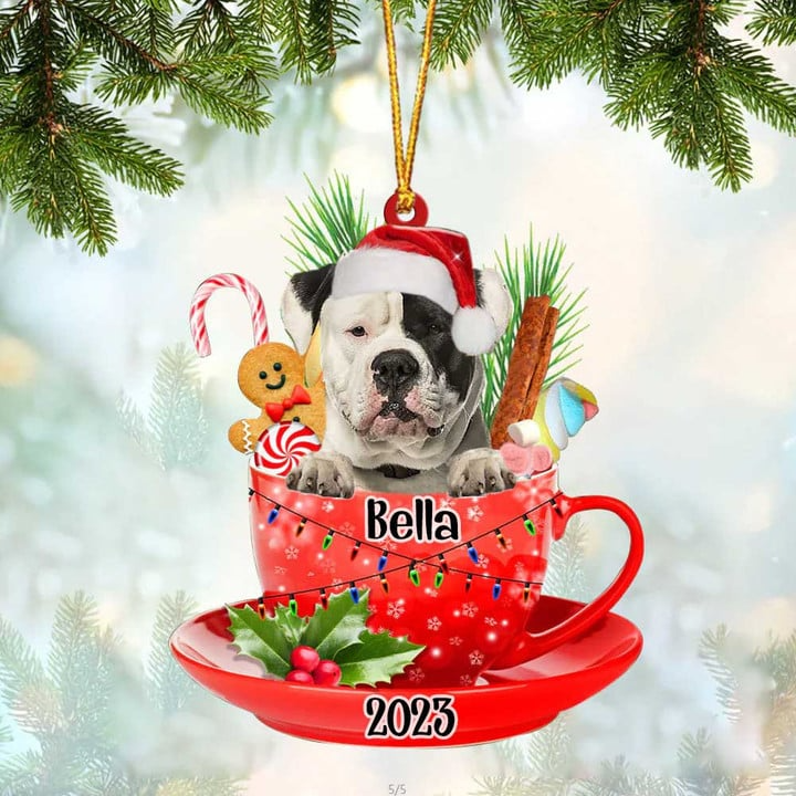 Custom Dog Acrylic Christmas Ornament, Personalized Cute American Bulldog & Santa Hat In Red Cup Acrylic Ornament for Dog Lover