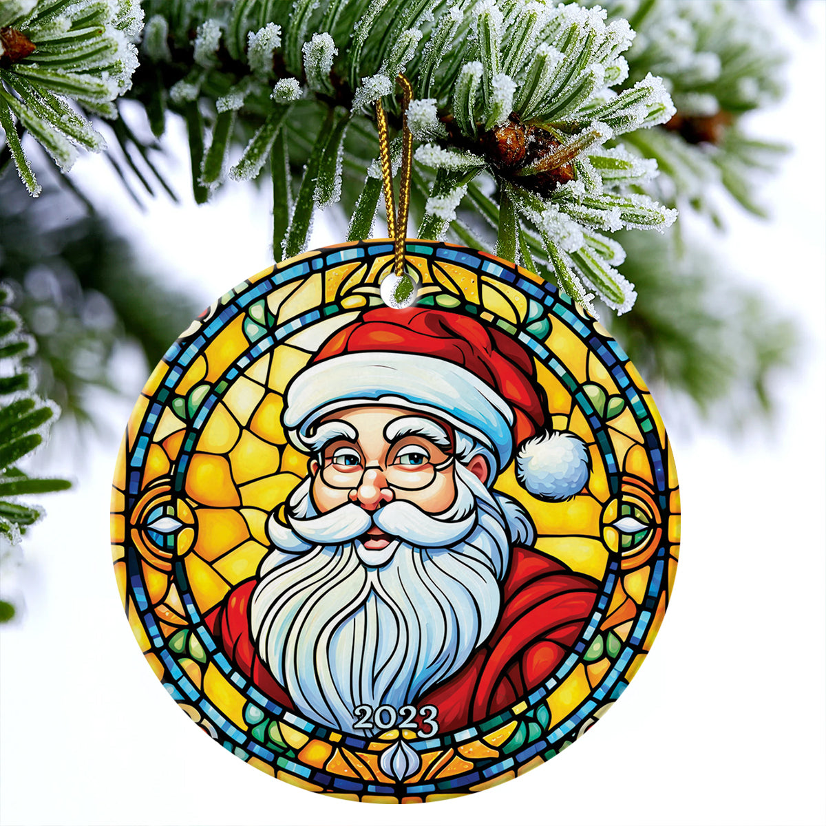 Santa Claus Ceramic Christmas Ornament - Santa Claus Portrait Stained Glass Circle Ceramic Ornament,Perfect Gift For Christmas,Holiday Decor