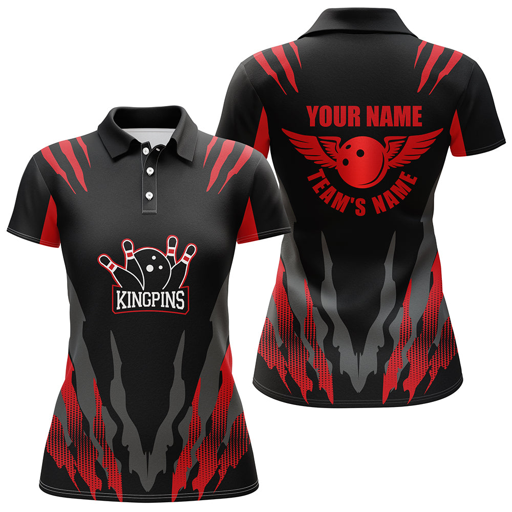 Bowling Custom Women Polo Shirt - Custom Name Kingpins Red Bowling Personalized Bowling Polo Shirt - Gift For Friend, Family, Bowling Lovers