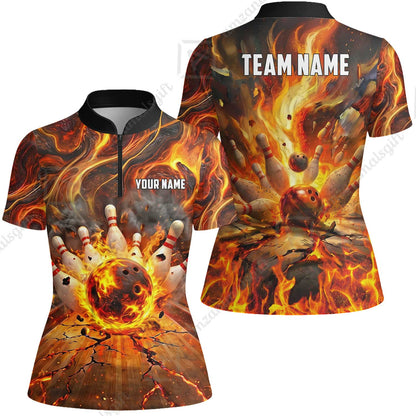 Custom Bowling Jersey Polo Shirt, Fiery Inferno Strike, Custom Bowling Jersey Team Shirt For Players With Name and Team Name