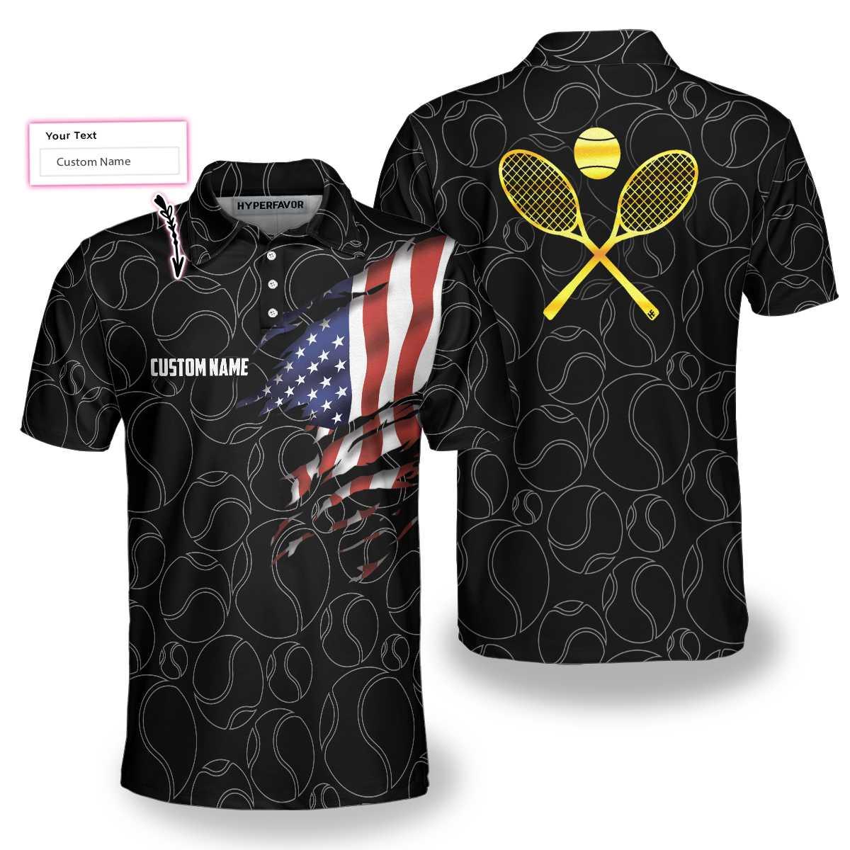 Tennis American Flag Custom Name Polo Shirt, Personalized American Flag Tennis Polo Shirt For Men, Tennis Gift For Male Players - Perfect Gift For Men - Amzanimalsgift