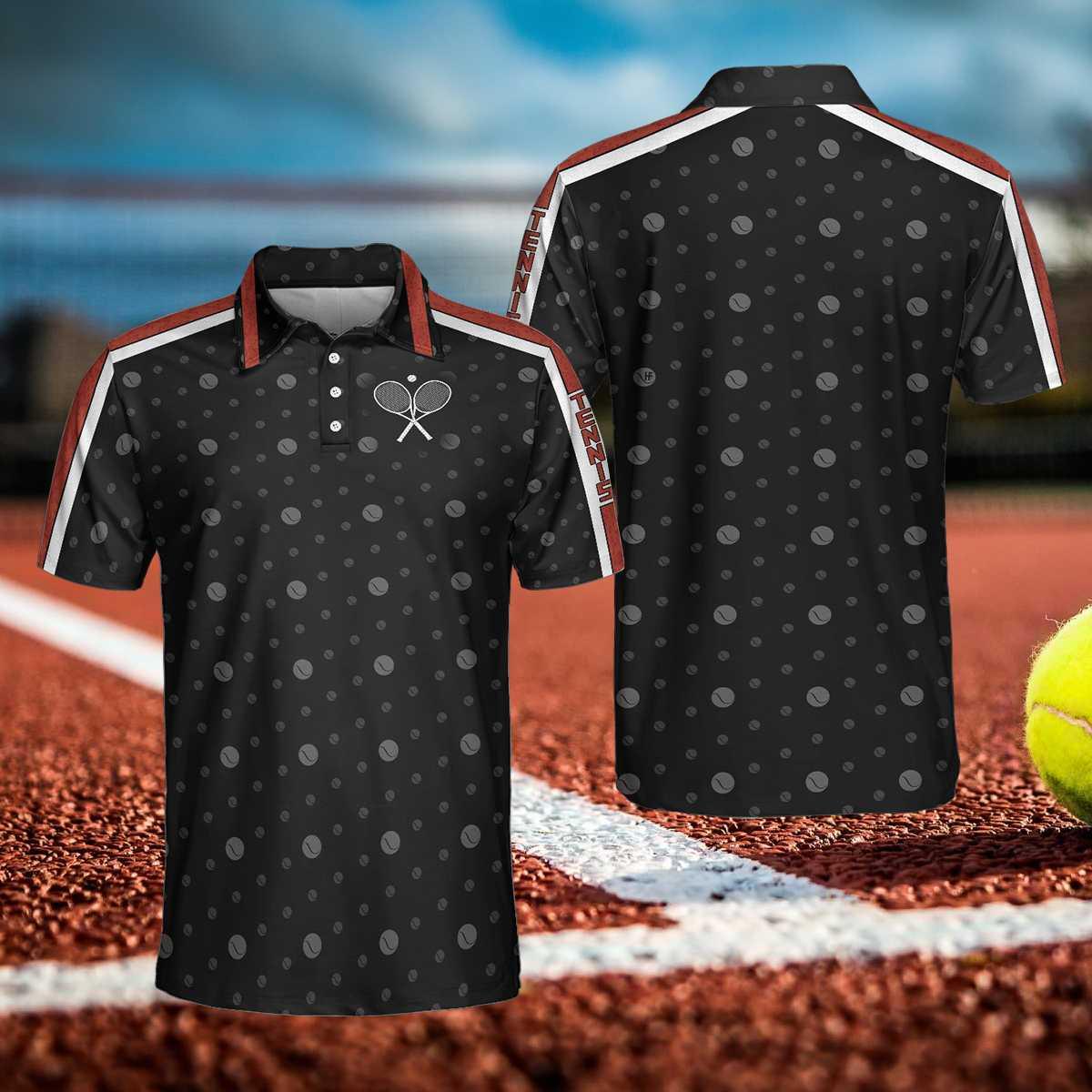 Tennis Clay Version Polo Shirt, Black Dot And Tennis Ball Pattern Polo Shirt, Best Tennis Shirt For Men - Perfect Gift For Men, Tennis Lovers - Amzanimalsgift