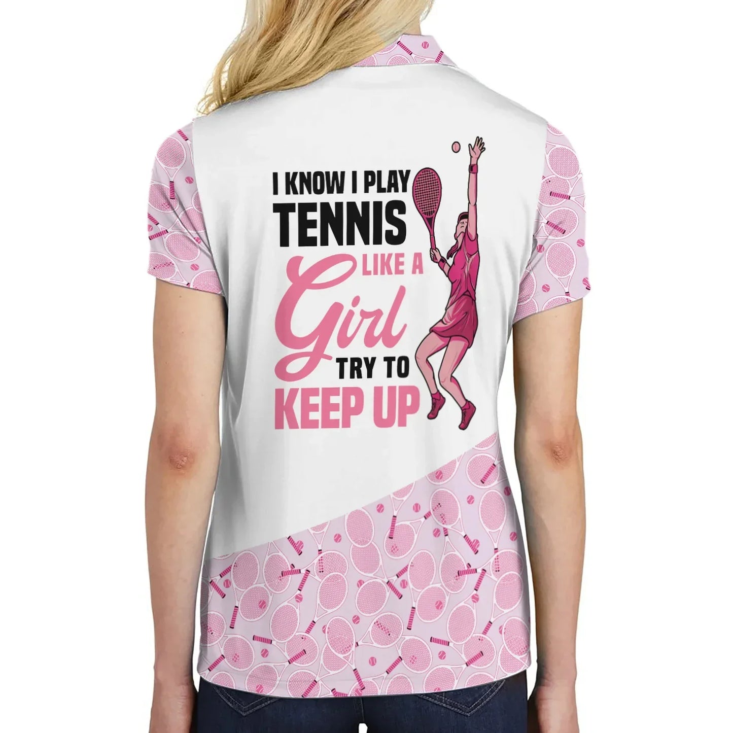 Tennis Custom Name Women Polo Shirt, I Play Tennis Like A Girl, White And Pink Tennis Personalized Women Polo Shirts, Gift For Ladies, Tennis Lovers - Amzanimalsgift