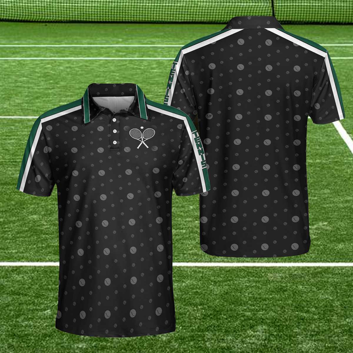 Tennis Grass Version Polo Shirt, Black Dot And Tennis Ball Pattern Polo Shirt, Best Tennis Shirt For Men - Perfect Gift For Men, Tennis Lovers - Amzanimalsgift