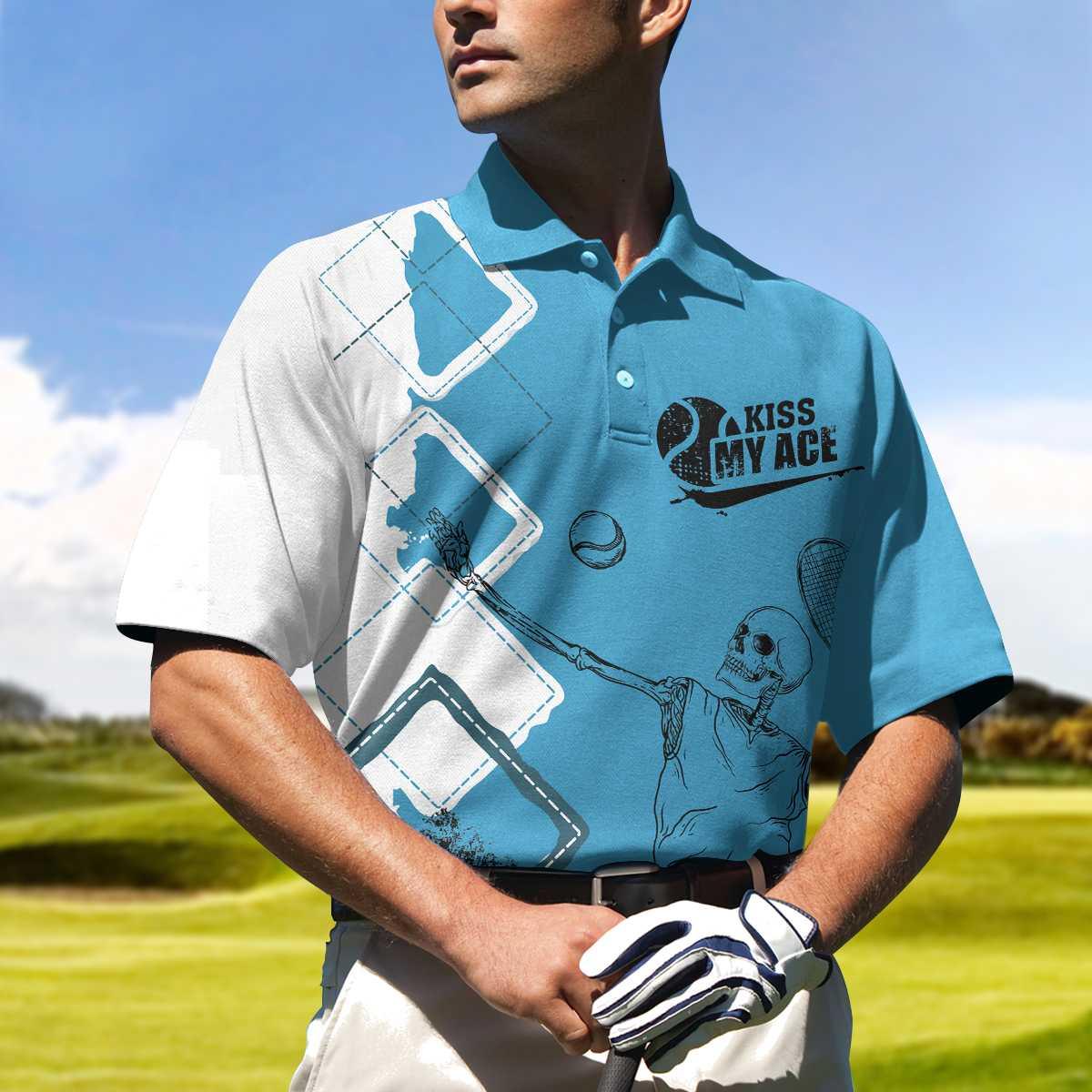 Tennis Men Polo Shirt, Argyle Pattern Skeleton Tennis Player, Kiss My Ace Tennis Polo Shirt For Men - Best Gift For Tennis Players, Tennis Lovers - Amzanimalsgift
