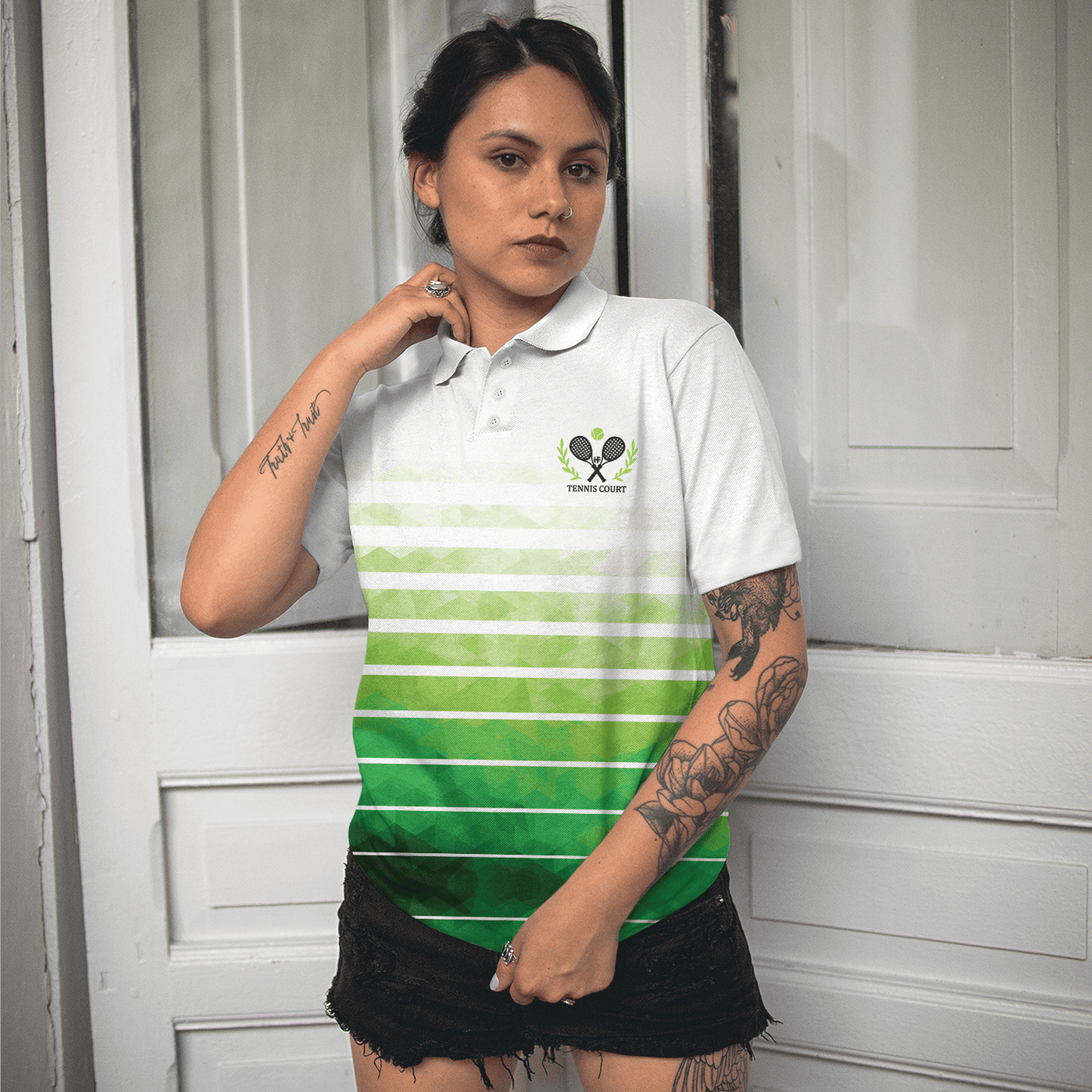 Tennis Women Polo Shirt, Abstract Green Geometric Tennis Women Polo Shirts, Best Gift For The Tennis Players And Tennis Lovers - Amzanimalsgift