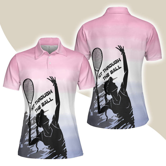 Tennis Women Polo Shirt, Black White Girl Plays Tennis, Hit Through The Tennis Ball Dip-dyed Pink Women Polo Shirts, Gift For Ladies, Tennis Lovers - Amzanimalsgift