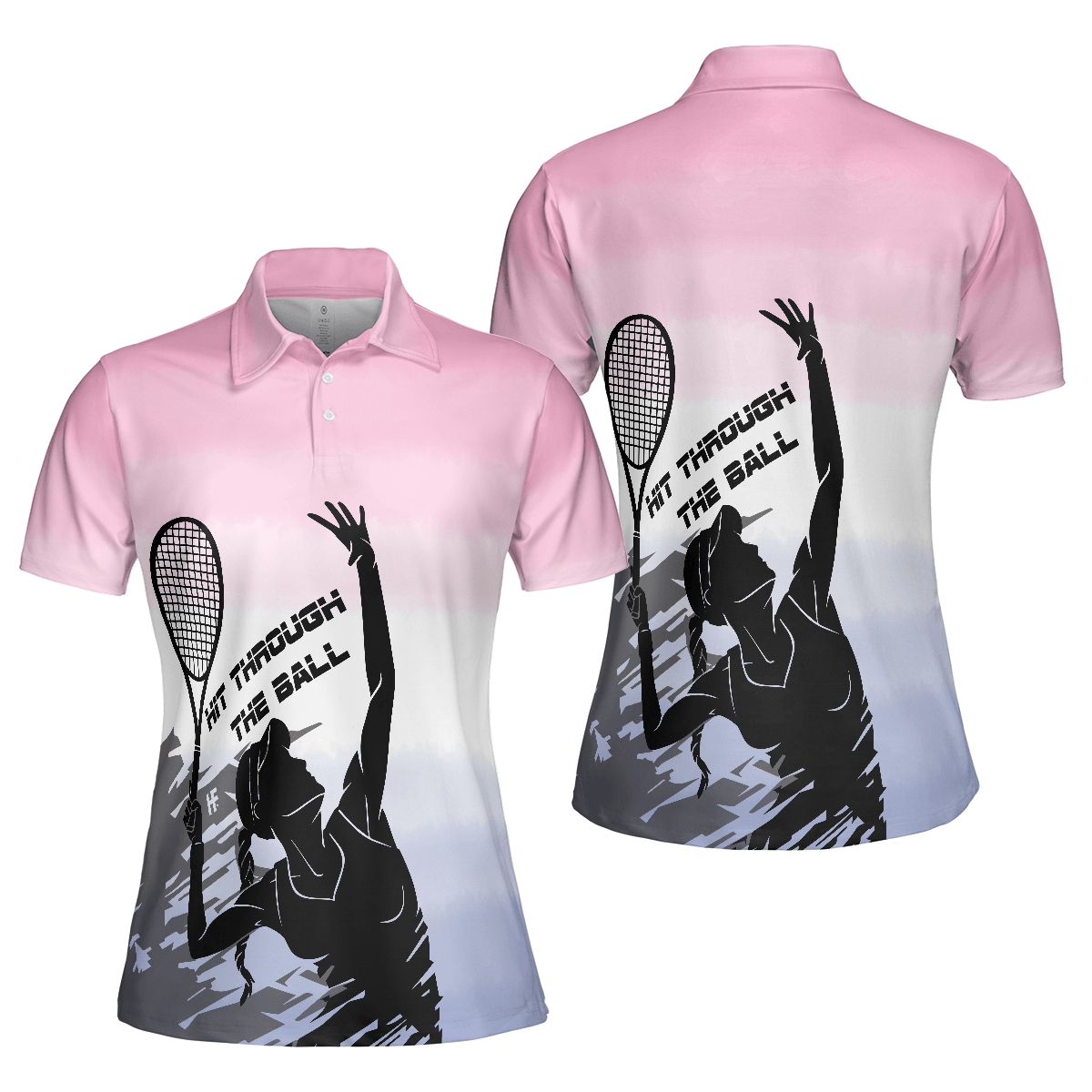 Tennis Women Polo Shirt, Black White Girl Plays Tennis, Hit Through The Tennis Ball Dip-dyed Pink Women Polo Shirts, Gift For Ladies, Tennis Lovers - Amzanimalsgift