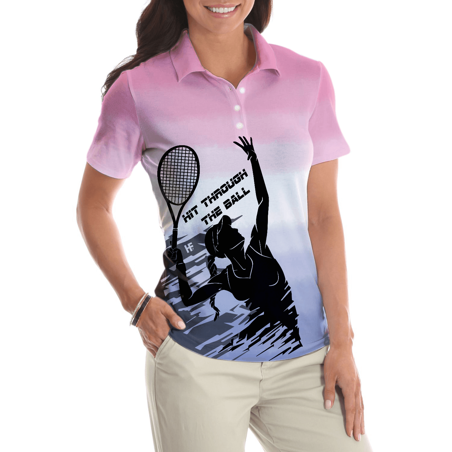 Tennis Women Polo Shirt, Black White Girl Plays Tennis, Hit Through The Tennis Ball Dip-dyed Pink Women Polo Shirts, Gift For Ladies, Tennis Lovers - Amzanimalsgift