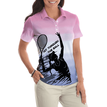 Tennis Women Polo Shirt, Black White Girl Plays Tennis, Hit Through The Tennis Ball Dip-dyed Pink Women Polo Shirts, Gift For Ladies, Tennis Lovers - Amzanimalsgift
