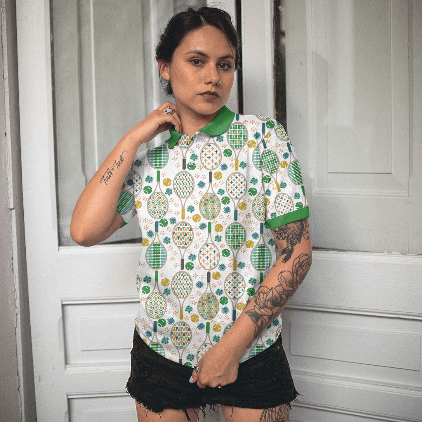 Tennis Women Polo Shirt, Green And Golden Tennis Pattern Women Polo Shirts, Unique Gift For Female Tennis Players, Ladies, Tennis Lovers - Amzanimalsgift
