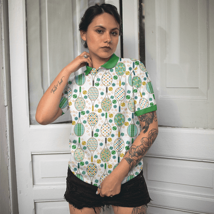 Tennis Women Polo Shirt, Green And Golden Tennis Pattern Women Polo Shirts, Unique Gift For Female Tennis Players, Ladies, Tennis Lovers - Amzanimalsgift