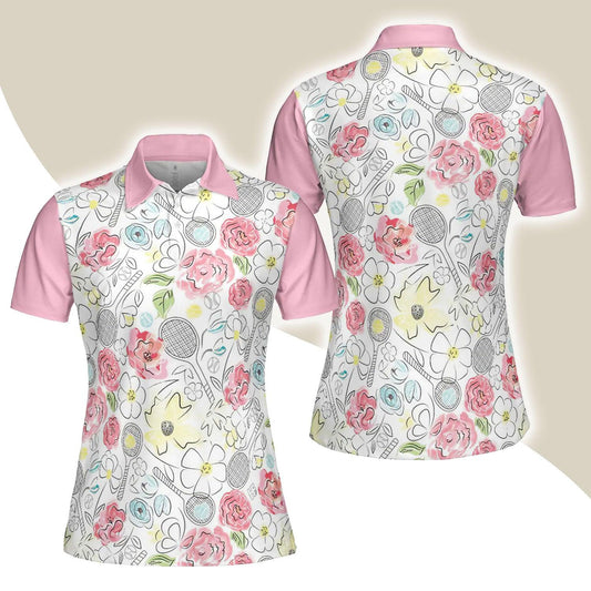 Tennis Women Polo Shirt - Lovely Pink Floral Tennis Racket Pattern Women Polo Shirts - Best Gift For Ladies, Female, Girls, Tennis Lovers - Amzanimalsgift