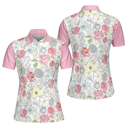 Tennis Women Polo Shirt - Lovely Pink Floral Tennis Racket Pattern Women Polo Shirts - Best Gift For Ladies, Female, Girls, Tennis Lovers - Amzanimalsgift