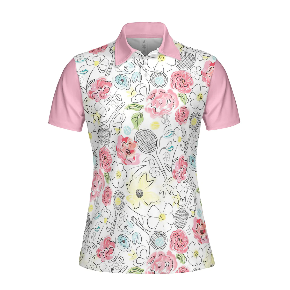 Tennis Women Polo Shirt - Lovely Pink Floral Tennis Racket Pattern Women Polo Shirts - Best Gift For Ladies, Female, Girls, Tennis Lovers - Amzanimalsgift