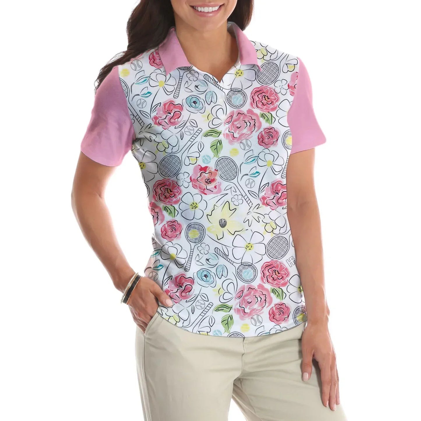 Tennis Women Polo Shirt - Lovely Pink Floral Tennis Racket Pattern Women Polo Shirts - Best Gift For Ladies, Female, Girls, Tennis Lovers - Amzanimalsgift