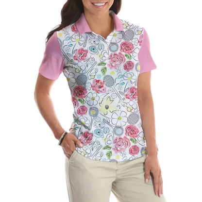 Tennis Women Polo Shirt - Lovely Pink Floral Tennis Racket Pattern Women Polo Shirts - Best Gift For Ladies, Female, Girls, Tennis Lovers - Amzanimalsgift