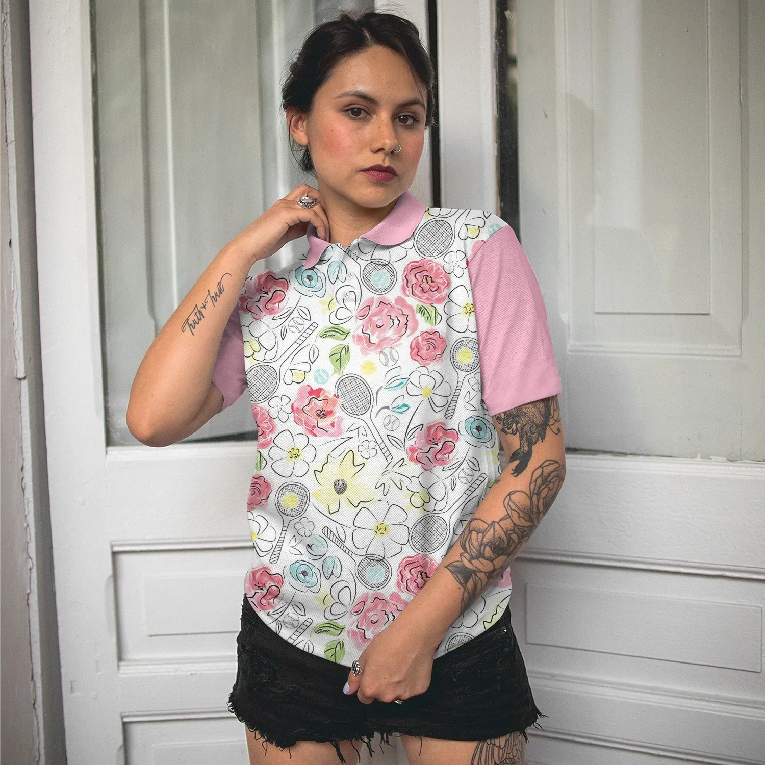 Tennis Women Polo Shirt - Lovely Pink Floral Tennis Racket Pattern Women Polo Shirts - Best Gift For Ladies, Female, Girls, Tennis Lovers - Amzanimalsgift