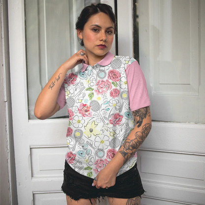 Tennis Women Polo Shirt - Lovely Pink Floral Tennis Racket Pattern Women Polo Shirts - Best Gift For Ladies, Female, Girls, Tennis Lovers - Amzanimalsgift