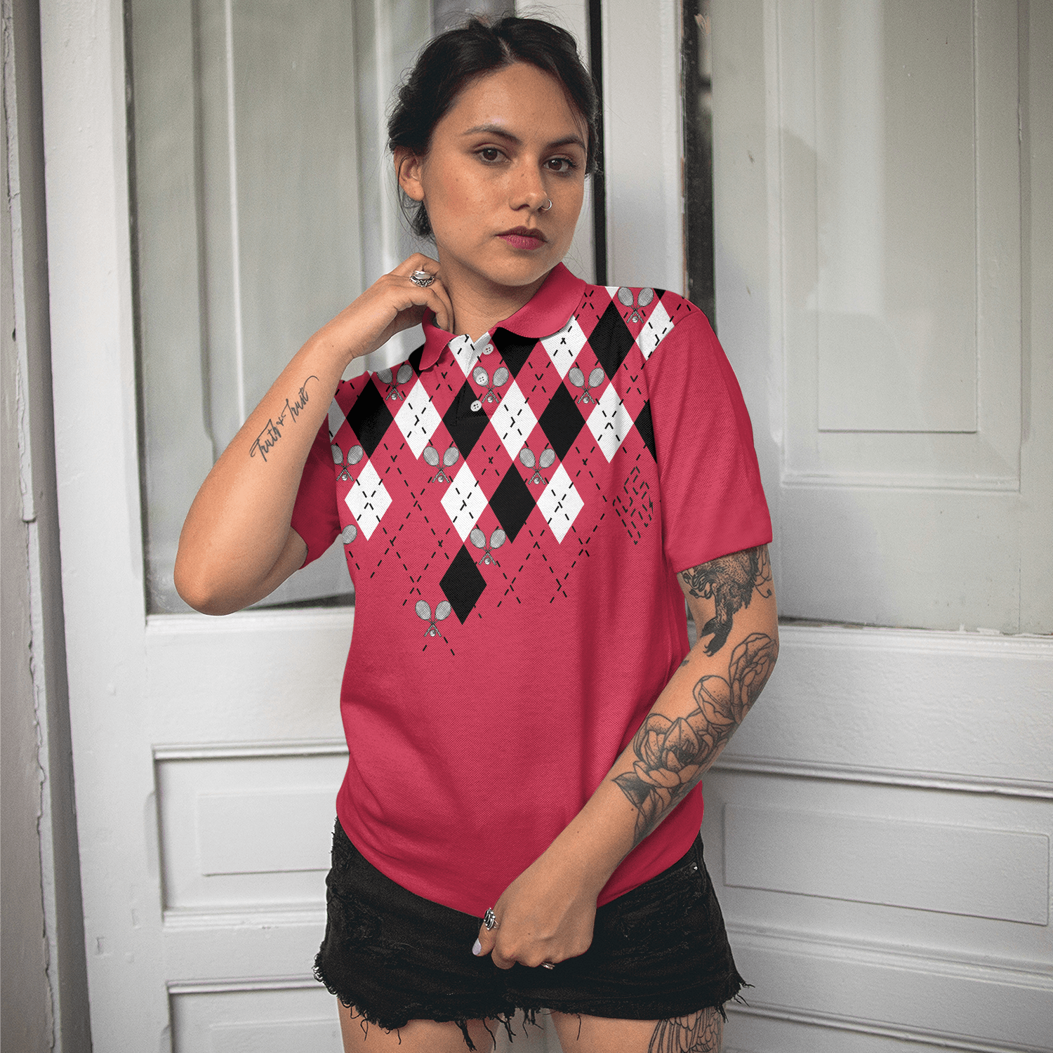 Tennis Women Polo Shirt, Tennis Shirt With Argyle Pattern Women Polo Shirt - Perfect Gift For Women, Ladies, Tennis Lovers - Amzanimalsgift