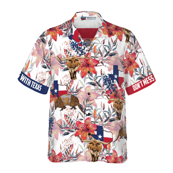 Texas Longhorn Bluebonnet And Armadillo Hawaiian Shirt, Button Down Floral Texas Flag, Proud Texas, Colorful Summer Aloha Shirt For Men Women - Amzanimalsgift