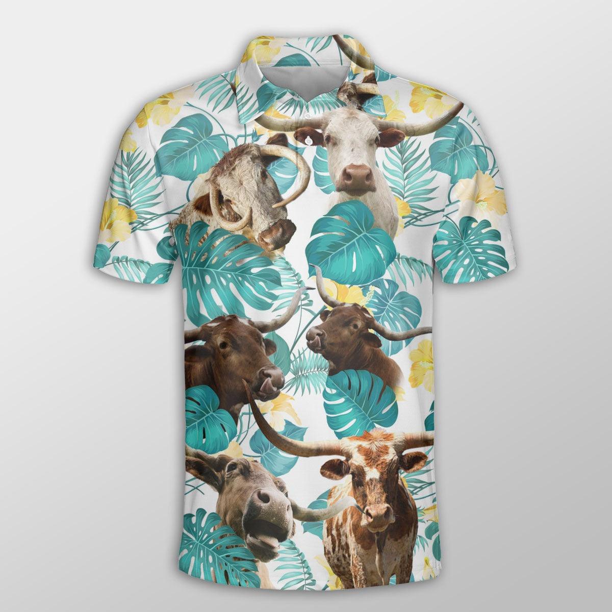 Texas Longhorn Men Polo Shirt For Summer - Texas Longhorn In Tropical Leaves Pattern Button Shirt For Men - Perfect Gift For Texas Longhorn Lovers - Amzanimalsgift