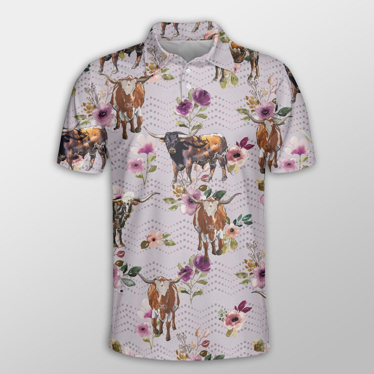 Texas Longhorn Men Polo Shirt - Texas Longhorn Autumn Amethyst Boho Floral Pattern Button Shirt For Men - Perfect Gift For Texas Longhorn Lovers - Amzanimalsgift