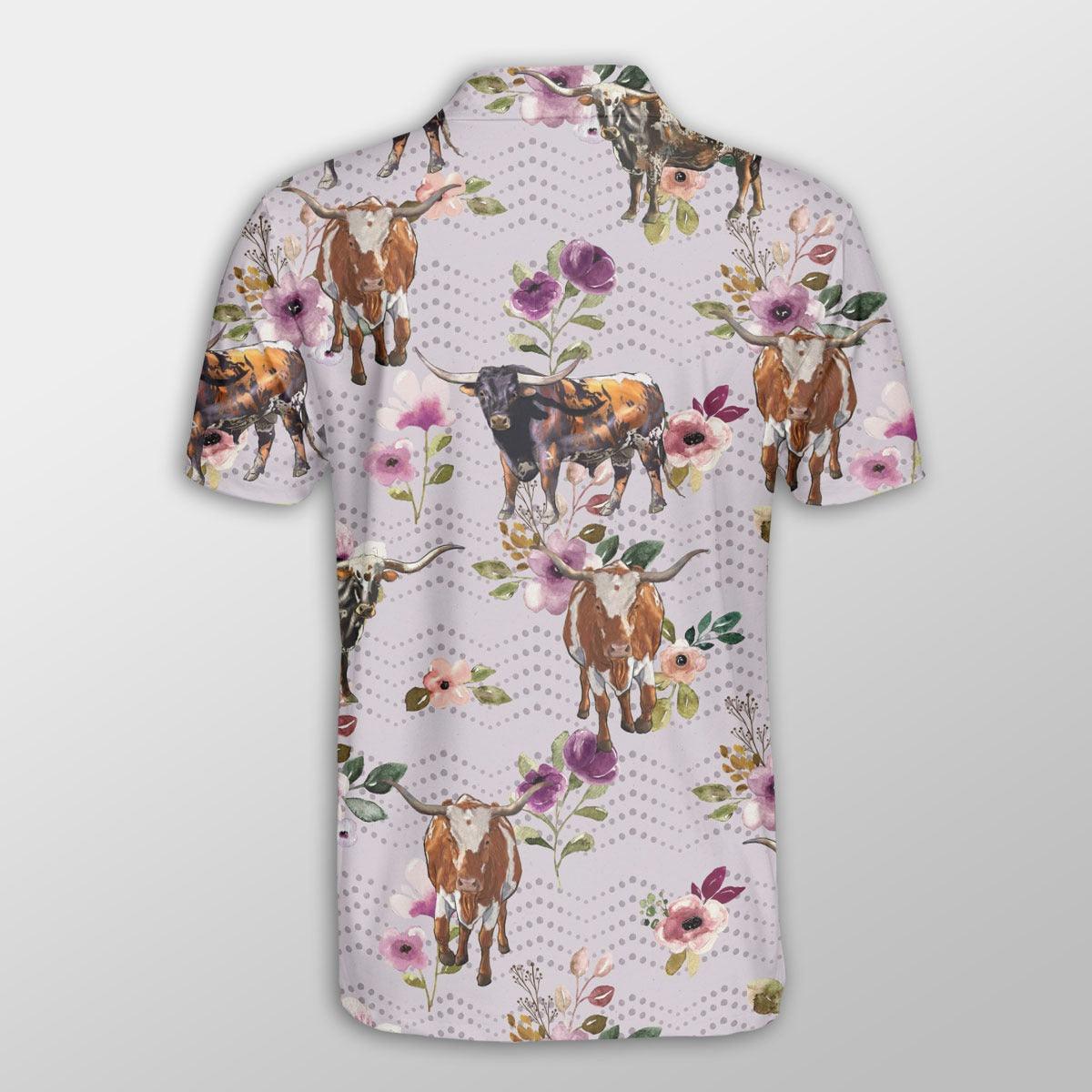 Texas Longhorn Men Polo Shirt - Texas Longhorn Autumn Amethyst Boho Floral Pattern Button Shirt For Men - Perfect Gift For Texas Longhorn Lovers - Amzanimalsgift