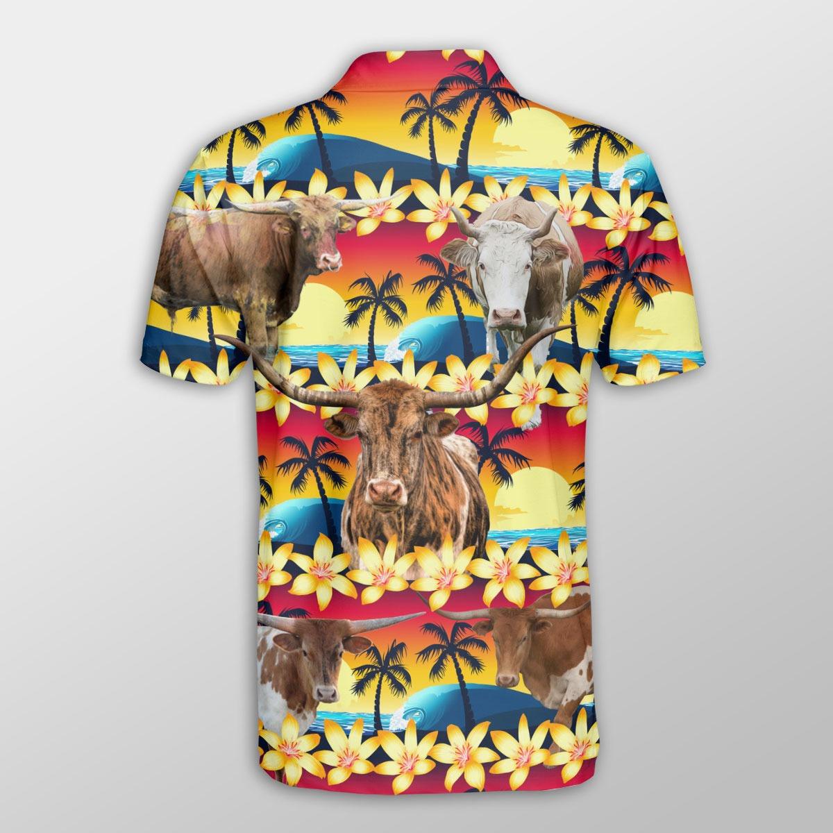 Texas Longhorn Men Polo Shirts - Texas Longhorn Beach Sunset Pattern Button Shirts For Men - Perfect Gift For Texas Longhorn Lovers, Cattle Lovers - Amzanimalsgift