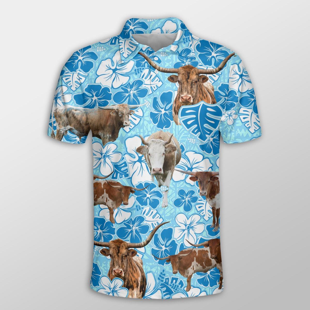 Texas Longhorn Men Polo Shirts - Texas Longhorn Blue Floral Pattern Button Shirts For Men - Perfect Gift For Texas Longhorn Lovers, Cattle Lovers - Amzanimalsgift